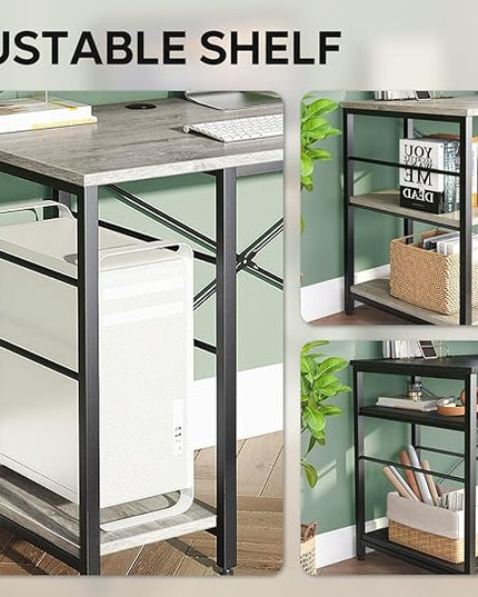 Bestier L Shaped Desk, 95.2 Inch Reversible Corner Computer Desk with Shelves, 2 Person Long Table for Home Office, Large Writing Storage Workstation with 3 Cable Holes, Rustic Brown, Grey Oak - LeafyLoom