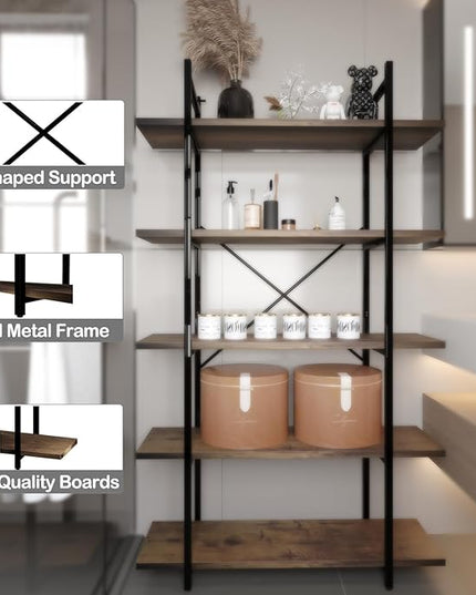 5 Tiers Bookshelf Organizer Industrial shelf,Modern Open Display Storage Bookcase,Rustic Brown and Metal Bookshelf Standing Storage Shelf Tall Shelving Units for Home Office Study. - LeafyLoom