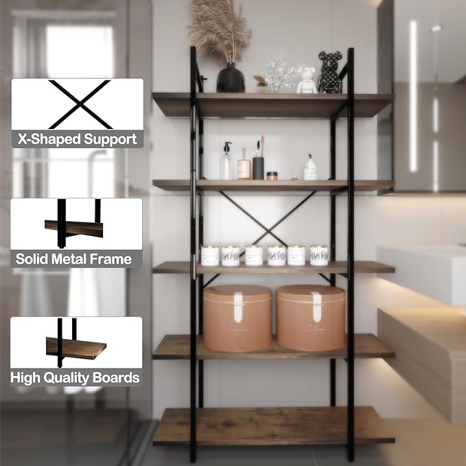 5 Tiers Bookshelf Organizer Industrial shelf,Modern Open Display Storage Bookcase,Rustic Brown and Metal Bookshelf Standing Storage Shelf Tall Shelving Units for Home Office Study. - LeafyLoom