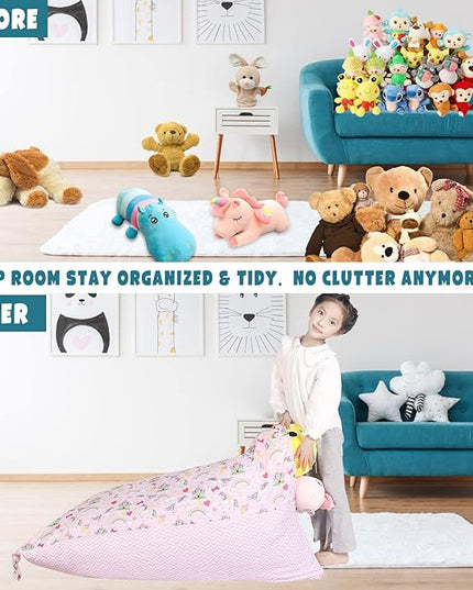 Stuffed Animal Storage Bean Bag Chair Cover, Cotton Pink Unicorn Rainbow Plush Toy Storage Stuff and Sit Seat for Kids/Teens/Adults, 52" x 31" Extra Large Triangle Sofa, 200L/52Gal, Cover Only - LeafyLoom