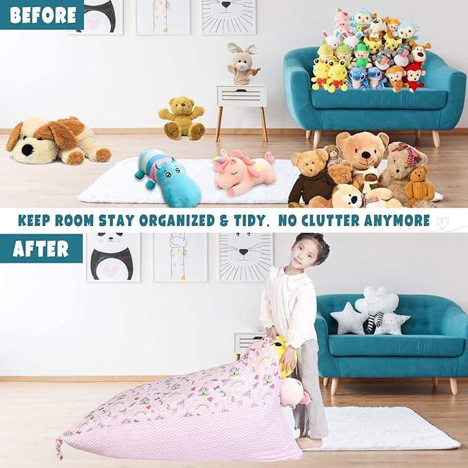Stuffed Animal Storage Bean Bag Chair Cover, Cotton Pink Unicorn Rainbow Plush Toy Storage Stuff and Sit Seat for Kids/Teens/Adults, 52" x 31" Extra Large Triangle Sofa, 200L/52Gal, Cover Only - LeafyLoom