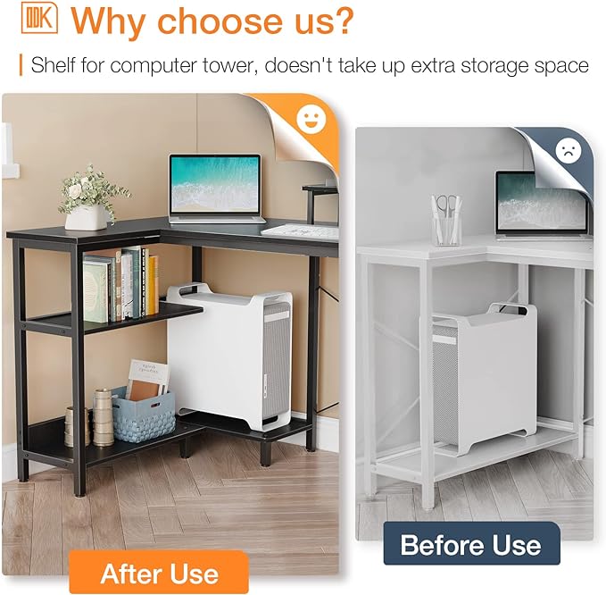 KKL 51 Inch L Shaped Computer Desk with Storage Shelves, Corner Desk with Monitor Stand for Small Space, Modern Simple Writing Study Table for Home Office, Black - LeafyLoom