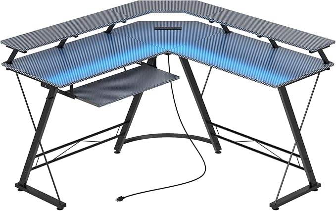 L Shaped Gaming Desk with LED Lights and Power Outlet, Computer Desk with Monitor Stand, Untimate Corner Desk with Hooks and Keyboard Tray, Carbon Fiber, Black - LeafyLoom