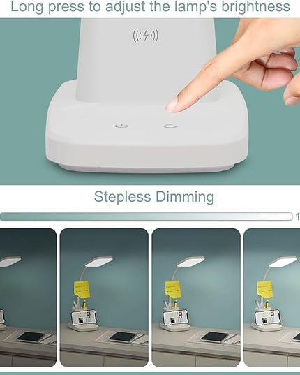 LED Desk Lamp with Wireless Charger, Sailstar White Desk Light with Pen Holder, 3 Color Modes with Stepless Dimming, CRI 85, 800 Lumen, Study Lamps for College Dorm Room, Home Office, Adapter Included - LeafyLoom