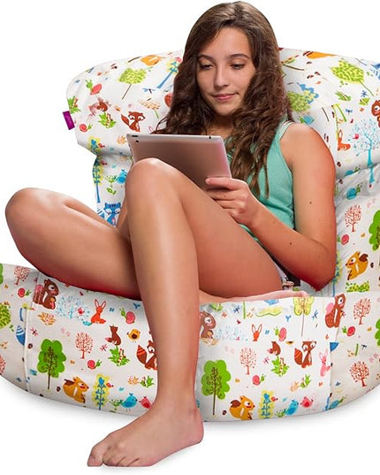Posh Creations Structured Comfy Bean Bag Chair for Gaming, Reading, and Watching TV, Laguna Lounger, Canvas - Forest Critters on White - LeafyLoom
