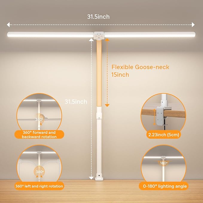 LED Desk Lamp for Home Office, Remote Control LED Desk Light with Color Changing Dimmable Computer lamp with Flexible Gooseneck, 24W, Double Head, White - LeafyLoom