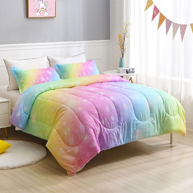 Girls Unicorn Bedding Set 3 Piece Rainbow Comforter Set for Teen Girls Adults with Sparkle Stars Soft Bedding Sets Machine Washable, Multi, Twin - LeafyLoom