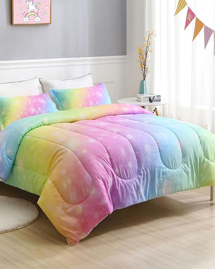 Girls Unicorn Bedding Set 3 Piece Rainbow Comforter Set for Teen Girls Adults with Sparkle Stars Soft Bedding Sets Machine Washable, Multi, Full - LeafyLoom