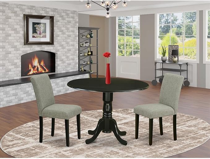 East West Furniture DLAB3-BLK-06 3 Piece Dinette Set for Small Spaces Contains a Round Dining Table with Dropleaf and 2 Shitake Linen Fabric Upholstered Chairs, 42x42 Inch, Black - LeafyLoom