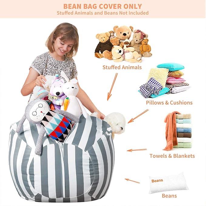 Aubliss Stuffed Animal Bean Bag Storage Chair, Beanbag Covers Only for Organizing Plush Toys, Turns into Bean Bag Seat for Kids When Filled, Medium 32"-Canvas Stripes Grey/White - LeafyLoom