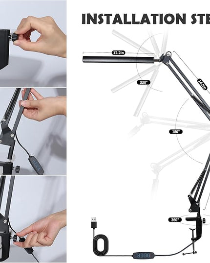 Adjustable Swing Arm Desk Lamp with Clamp, LED Desk Lamp,Dimmable Desk Light, 3 Colors 10 Brightness Adjustable Flexible Gooseneck, Architect Task Lamp for Home Office - LeafyLoom
