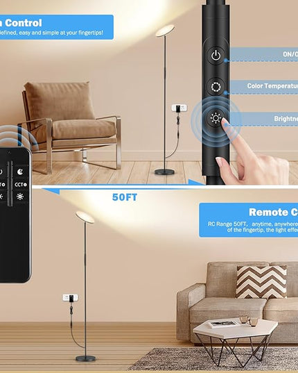 LED Floor Lamp, 3000LM 30W Super Bright Standing Lamp, 300W Equivalent Modern Torchiere Sky Lamp, 2700K-6500K Stepless Dimming with Remote & Touch Control, 69" Tall Lamp for Living Room Bedroom Office - LeafyLoom