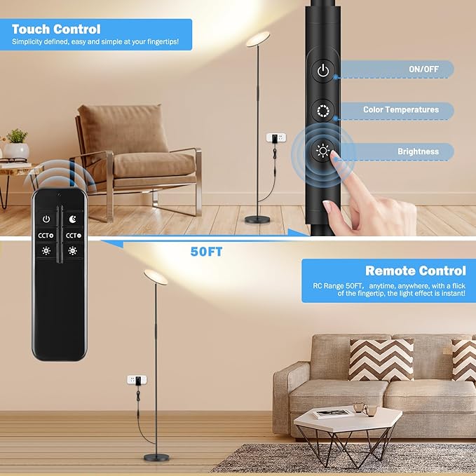 LED Floor Lamp, 3000LM 30W Super Bright Standing Lamp, 300W Equivalent Modern Torchiere Sky Lamp, 2700K-6500K Stepless Dimming with Remote & Touch Control, 69" Tall Lamp for Living Room Bedroom Office - LeafyLoom