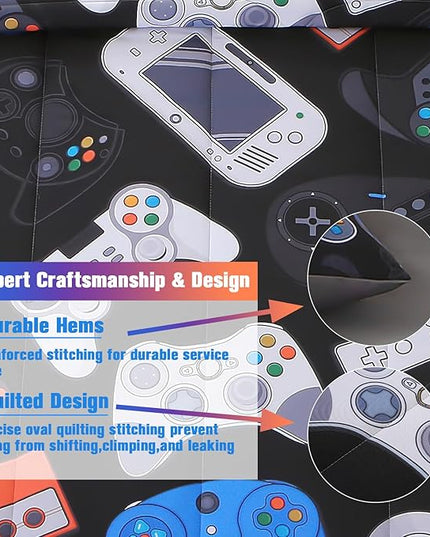 JQinHome Full Gamer Comforter Set for Boys,6 Piece Bed in A Bag 3D Video Game Bedding -All Season Soft Microfiber Down Alternative Comforter Gamer Bedding Sets for Kids(Gamepad Collection) - LeafyLoom