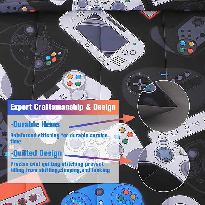 JQinHome Twin Gamer Comforter Set for Boys,6 Piece Bed in A Bag 3D Video Game Bedding -All Season Soft Microfiber Down Alternative Comforter Gamer Bedding Sets for Kids - LeafyLoom