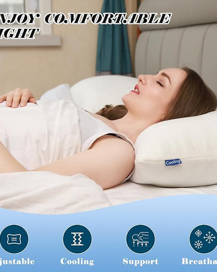 Cooling Bed Pillows for Sleeping 1 Pack, Adjustable Cool Shredded Memory Foam Pillows Queen Size - Luxury Pillows for Side Back Sleepers with Washable Cover, CertiPUR-US Certified - LeafyLoom