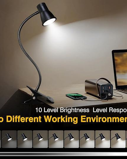 Clip on Light Reading for Bed LED Desk Lights 3 Color Modes 10 Brightness USB Lamp Eye Care 360° Flexible Gooseneck Dimmable for Headboard Computer Read Books Task Lamps with Adapter Bookmark(Black) - LeafyLoom