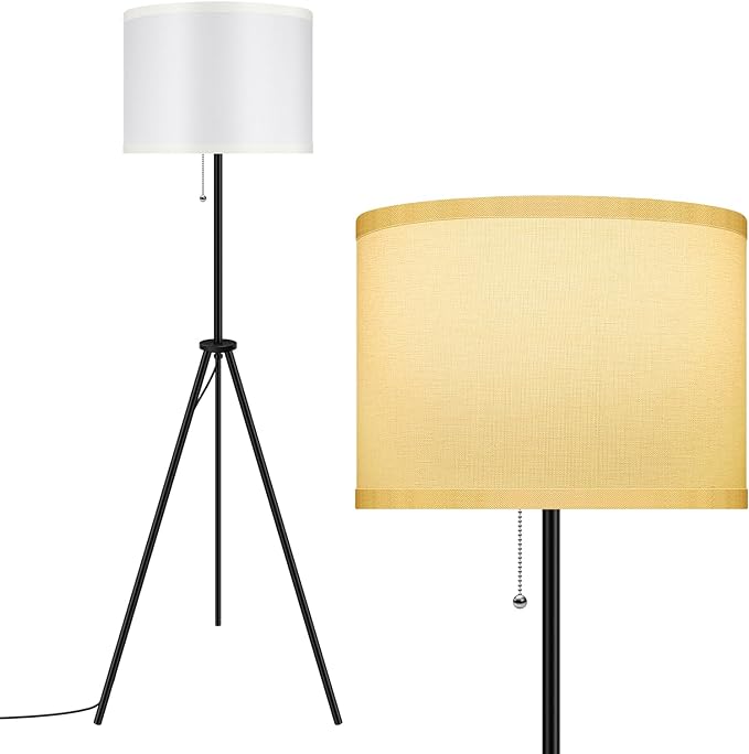 BoostArea Floor Lamp for Living Room, 59.5" Tripod Floor Lamp, White Linen Lamp Shade, Mid Century Standing Lamp for Living Room, Bedroom, Study Room and Office（Bulbs Not Included） - LeafyLoom