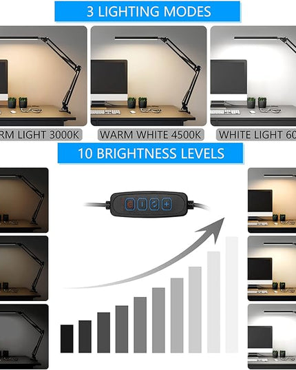 LED Desk Lamp, Swing Arm Desk Light with Clamp, 3 Lighting 10 Brightness Eye-caring Modes, reading desk lamps for home office 360°Spin with USB Adapter & Memory Function black-14W - LeafyLoom