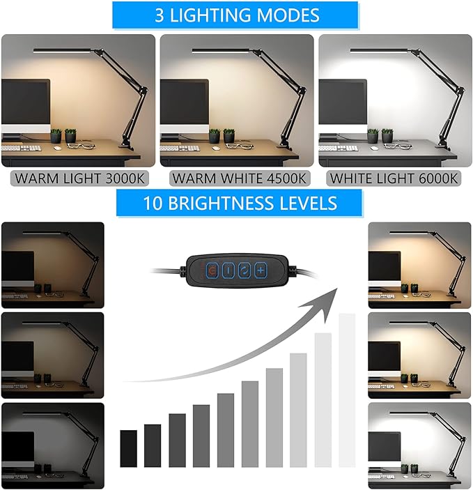 LED Desk Lamp, Swing Arm Desk Light with Clamp, 3 Lighting 10 Brightness Eye-caring Modes, reading desk lamps for home office 360°Spin with USB Adapter & Memory Function black-14W - LeafyLoom