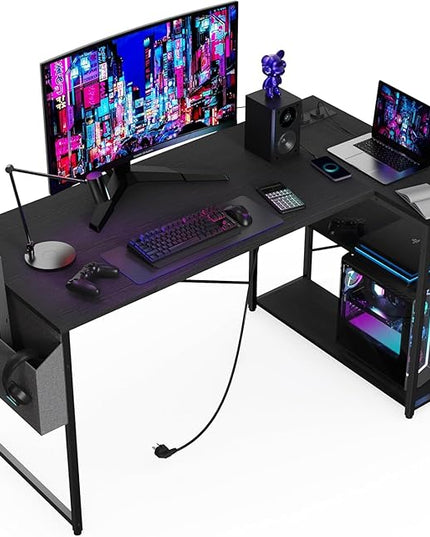 L Shaped Computer Desk with Power Outlets, 47 Inch Small Corner Desk with Reversible Shelves, Gaming Desk Computer Table Study Writing Table for Home Office Bedroom Small Space, Black - LeafyLoom