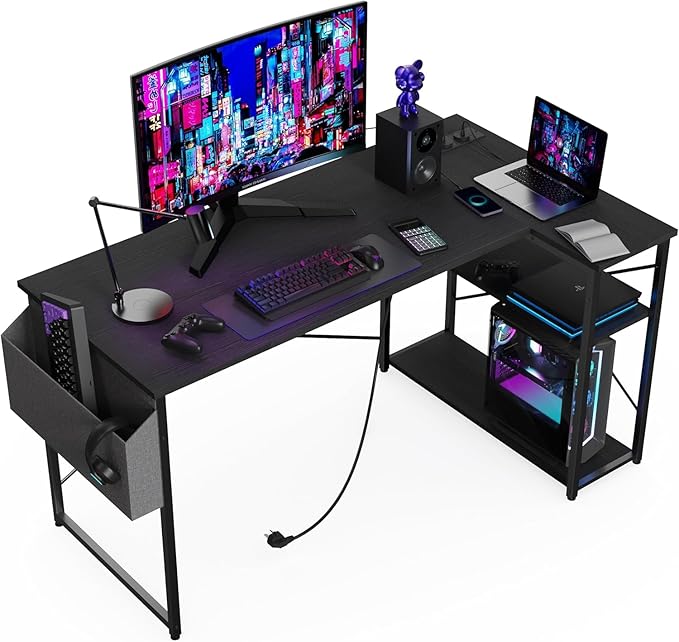 L Shaped Computer Desk with Power Outlets, 47 Inch Small Corner Desk with Reversible Shelves, Gaming Desk Computer Table Study Writing Table for Home Office Bedroom Small Space, Black - LeafyLoom