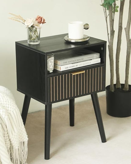MaxSmeo Black Nightstand with Drawer, Mid Century Modern Bedside Table with Open Shelf Storage, End Table with Solid Wood Legs, Black - LeafyLoom