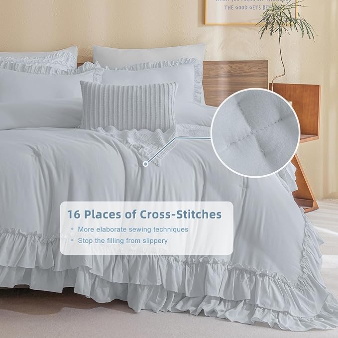Ruffled Comforter Set for Queen Bed,3 Pieces Vintage Farmhouse Shabby Bedding Set Lightweight Ultra Soft French Country Bedding (1 Cornflower Blue Comforter +2 Pillowcases) - LeafyLoom