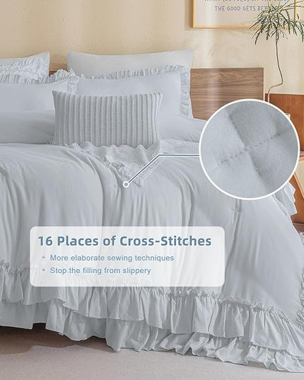 Shabby Ruffled King Comforter Set,Farmhouse Cornflower Blue Bedding Comforter Lightweight Ultra Soft Vintage Rustic Bedding 3pc (1 Ruffle Comforter and 2 Pillowcases) - LeafyLoom
