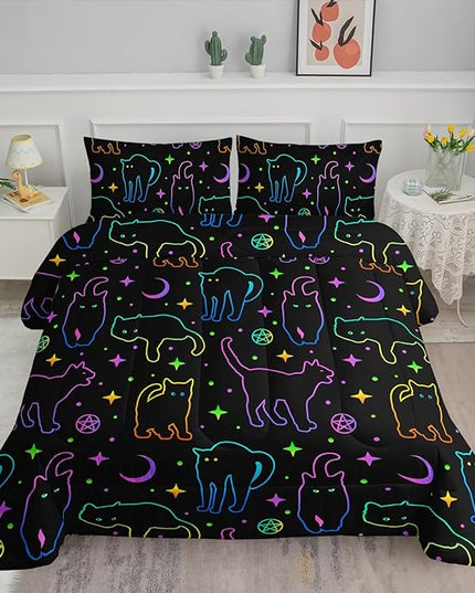 Black Cat Bedding Cartoon Cat Comforter Set Queen,Moon Stars Printed Kids Bedding Set for Boys Girls Adults Room Decor,Kids Comforter Set All Season,1 Quilt 2 Pillow Cases,Neon Color Purple Blue Green - LeafyLoom