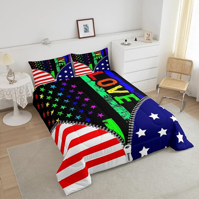 Erosebridal American Flag Comforter Set Rainbow Pride Bedding Set Queen Size for Kids Boys Teens Bedroom,USA Federations Stars Stripes Down Comforter Unique Zipper Design Quilted Duvet, Colorful - LeafyLoom