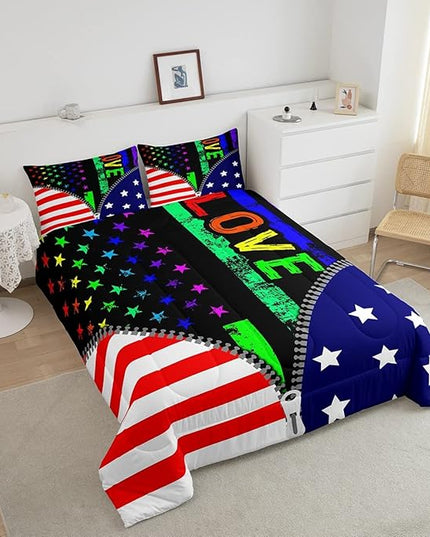 Erosebridal American Flag Comforter Set Rainbow Pride Bedding Set Twin Size for Teens Adult Women Bedroom,USA Federations Stars Stripes Down Comforter Kids Unique Zipper Design Duvet Sets, Colorful - LeafyLoom