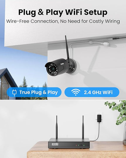 ZOSI Wireless Home Security Camera System Outdoor, 2K 3MP H.265+ 8 Channel CCTV NVR with 1TB HDD for 24/7 Record, 4 x 3MP WiFi IP Camera, Plug-in, Color Night Vision, Spotlight, Remote Access ZOSI