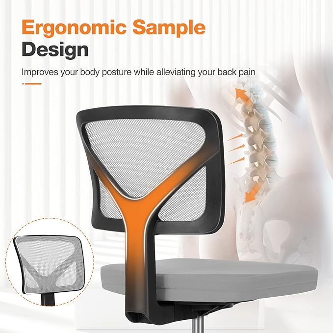 Armless Small Home Office Desk Chair, Ergonomic Low Back Computer Chair, Adjustable Rolling Swivel Task Chair with Lumbar Support for Small Space, 1 Pack, Grey - LeafyLoom