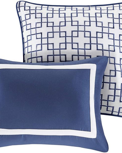 Madison Park Heritage Comforter Quilt Combo Set - Modern Luxury Design, All Season Down Alternative Bedding, Matching Shams, Decorative Pillows, King/Cal King(104"x92"), Color Block Navy 8 Piece - LeafyLoom
