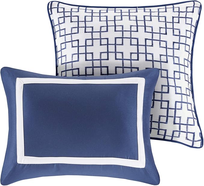 Madison Park Heritage Comforter Quilt Combo Set - Modern Luxury Design, All Season Down Alternative Bedding, Matching Shams, Decorative Pillows, King/Cal King(104"x92"), Color Block Navy 8 Piece - LeafyLoom