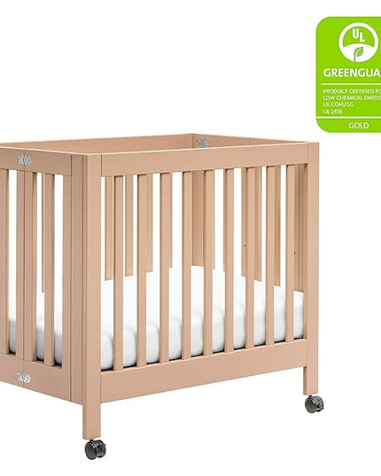 Babyletto Origami Mini Portable Folding Crib with Wheels in Canyon, 2 Adjustable Mattress Positions, Greenguard Gold Certified - LeafyLoom