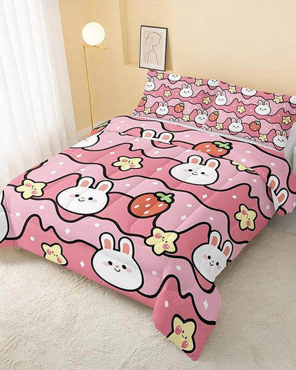 Kawaii Rabbit Comforter,Strawberry Rabbit Comforter Set for Kids Teens Girls,3Pcs Bedding Set Printed Comforter with 2 Pillowcases,Down Alternative,Soft and Lightweight(Pink，Twin Size) - LeafyLoom