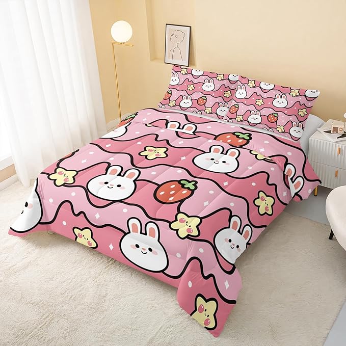 Kawaii Rabbit Comforter,Strawberry Rabbit Comforter Set for Kids Teens Girls,3Pcs Bedding Set Printed Comforter with 2 Pillowcases,Down Alternative,Soft and Lightweight(Pink，Queen Size) - LeafyLoom