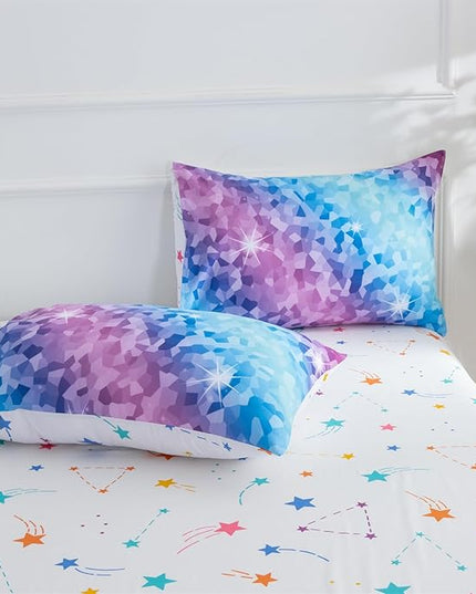 A Nice Night 6Pcs Gradient Abstract Art Grid Mosaic Geometric Bedding Set for Girls, Colorful Rainbow Galaxy Comforter Set, Ultra Soft Bedding Sets (PinkBlue,Full 6Pcs) - LeafyLoom