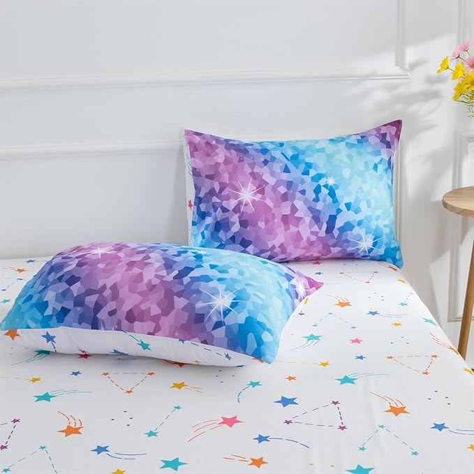A Nice Night 6Pcs Gradient Abstract Art Grid Mosaic Geometric Bedding Set for Girls, Colorful Rainbow Galaxy Comforter Set, Ultra Soft Bedding Sets (PinkBlue,Twin 6Pcs) - LeafyLoom