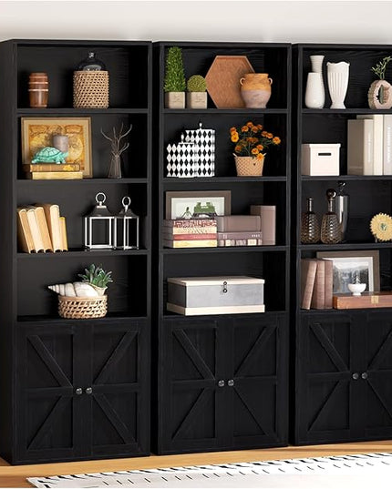 oneinmil 6 Tier Bookshelf and Bookcase, Wooden Bookshelves with Cabinet Doors, Floor Bookshelves and Office Storage Cabinets for Home Office, Living Room,Black - LeafyLoom