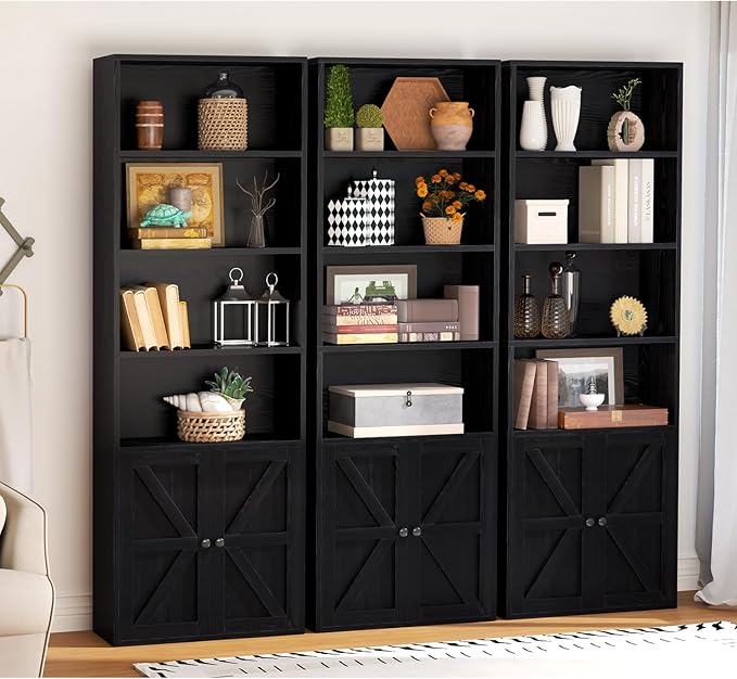 oneinmil 6 Tier Bookshelf and Bookcase, Wooden Bookshelves with Cabinet Doors, Floor Bookshelves and Office Storage Cabinets for Home Office, Living Room,Black - LeafyLoom