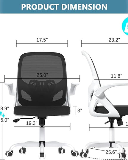 Office Desk Chair with Lumbar Support Ergonomic Mesh Office Chair with Wheels and Flip-up Armrests Adjustable Height Swivel Computer Chair for Home and Office (White) - LeafyLoom