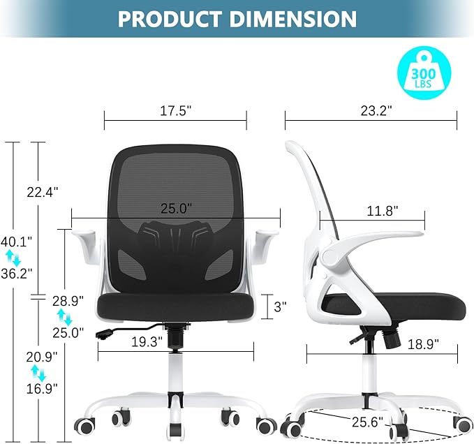 Office Desk Chair with Lumbar Support Ergonomic Mesh Office Chair with Wheels and Flip-up Armrests Adjustable Height Swivel Computer Chair for Home and Office (White) - LeafyLoom