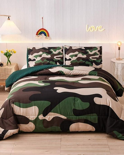 Meeting Story Camouflage Bedding Set, Green Camouflage Comforter Set, 3 PCS One Comforter and Two Pillowases, All Season Soft Bedspread for Kids Teens Adults (Green, Twin) - LeafyLoom