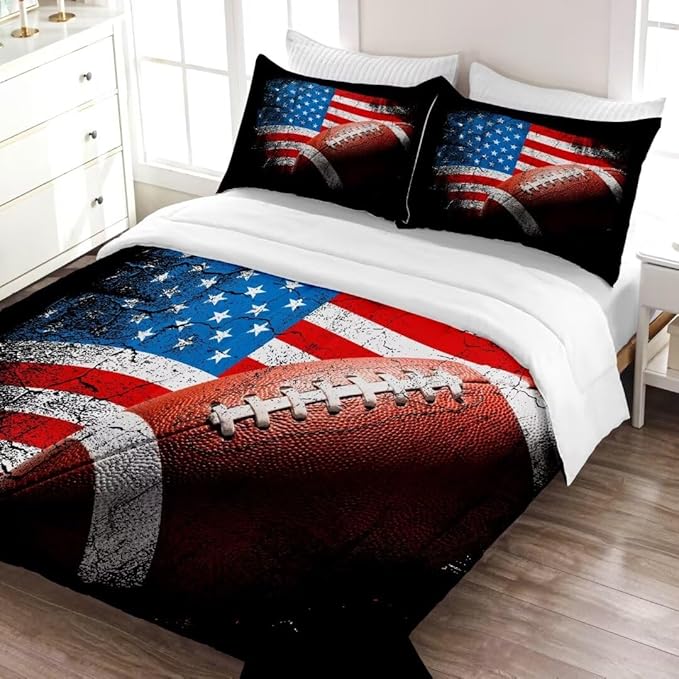 American Football Comforter Set for Boys Teens,Kids Sports Bedding Set Full Size,USA Flag Football Printed Bedroom Sets with 2 Matching Pillow Shams - LeafyLoom