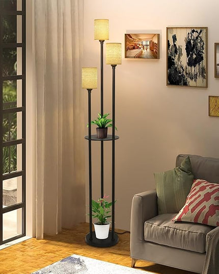 Boho Floor Lamp with Shelves, Black Floor Lamp with Hand-woven Shade, 3-Lights Corner Display Standing Lamp, Farmhouse Rustic Floor Lamps For Living Room, Bedroom, Office, Metal Tall Lamp for Reading - LeafyLoom