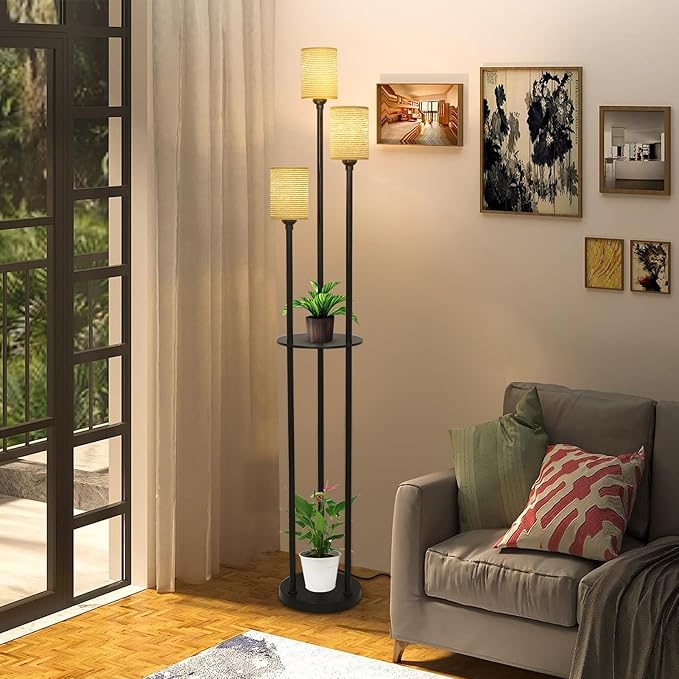 Boho Floor Lamp with Shelves, Black Floor Lamp with Hand-woven Shade, 3-Lights Corner Display Standing Lamp, Farmhouse Rustic Floor Lamps For Living Room, Bedroom, Office, Metal Tall Lamp for Reading - LeafyLoom