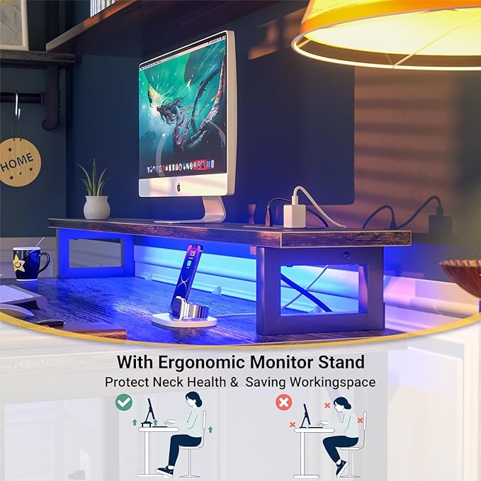 Computer Desk with USB Power Outlets and LED Lights, 47 inch Gaming desk with Monitor Stand for Small Space Home Office, Modern Simple Study Writing Table PC Desks, Black Oak - LeafyLoom